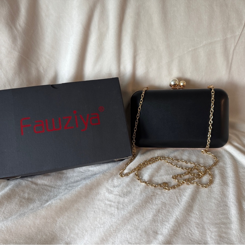 Elegant Black and Gold Structured Clutch with Chain